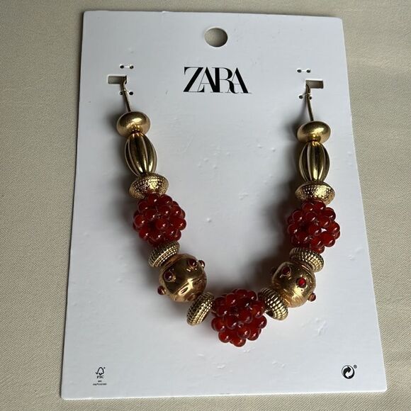 Zara Combination Bead and Stone Necklace Red and Gold - Picture 3 of 11